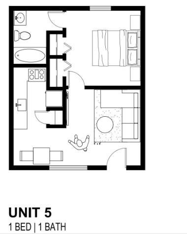 A black and white drawing of a floor plan for a unit with one bed and one bath.
